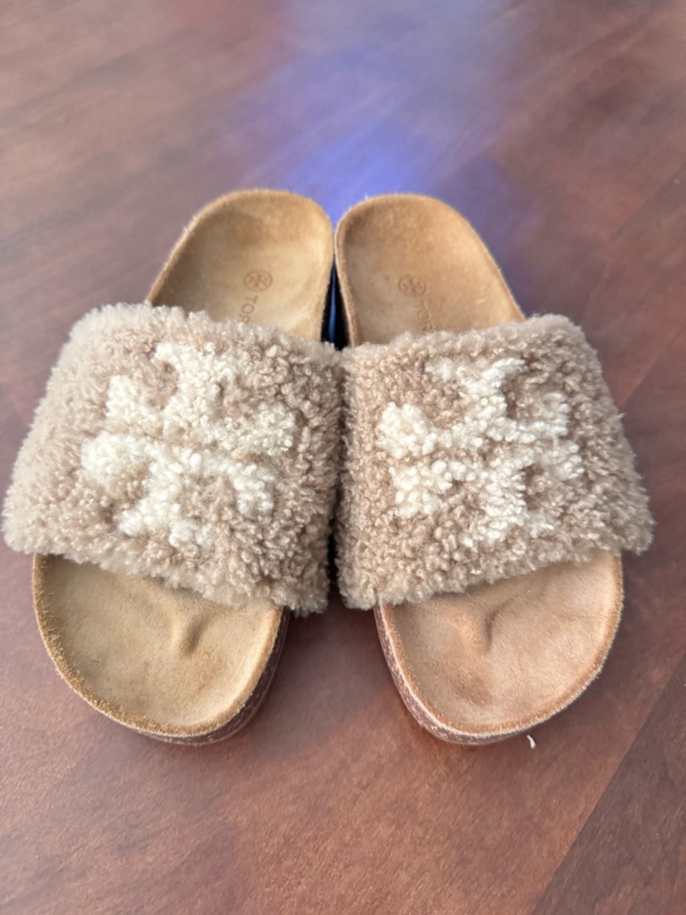 Tory Burch Tan Shearling Slide Sandals